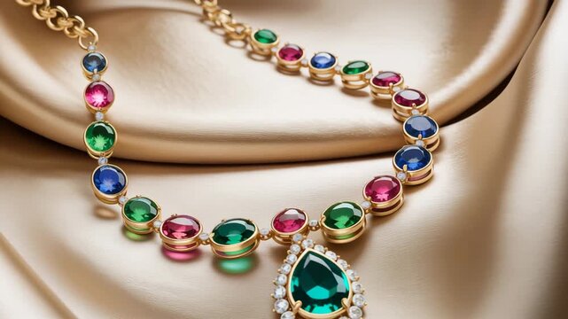 Luxurious gold necklace with colorful emerald ruby sapphire gemstones and diamond pendant on silk fabric