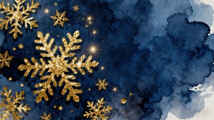 Christmas Decorative Pattern with Golden Snowflakes on Dark Blue Watercolor Background