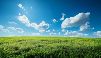 Obraz premium Bright sunlit meadow with fluffy white clouds and vivid blue sky