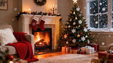 Warm Christmas Living Room Scene with Fireplace and Christmas Tree, Holiday Atmosphere