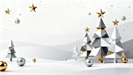 Silver and Gold Christmas Trees in Snow Scene, Dreamy Christmas Scene