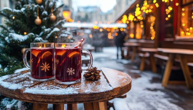 Two mugs of mulled wine on a snowy wooden table at a christmas market