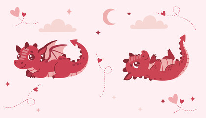 Cute pink baby dragons set with hearts, clouds, and moon in pastel style