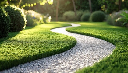 A winding stone path meanders through a vibrant green garden landscape bathed in sunlight