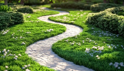 A winding stone path meanders through a vibrant green lawn dotted with small white flowers, creating a serene garden scene.