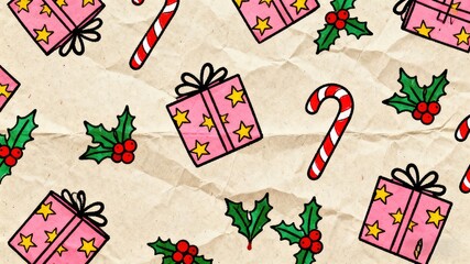 Pink and Green Gifts and Candy Canes, Christmas Pattern Background