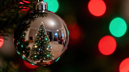 Christmas Bauble with Red and Green Bokeh, Christmas Decorative Image