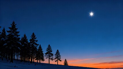 Snowy Night Forest with Crescent Moon, Winter Landscape