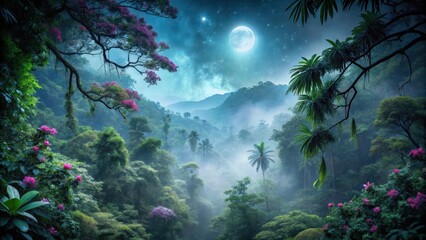 Serene Moonlight Illuminates Lush Tropical Valley, Bathed in Misty Enchantment Under a Starry Night Sky