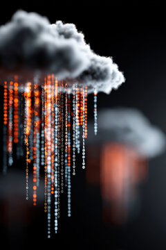 Digital cloud raining binary code, concept of data flow