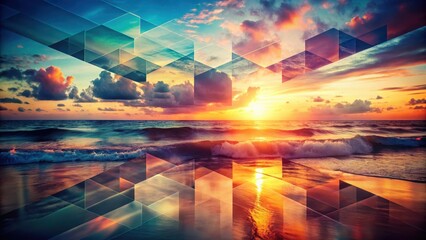 Ocean Sunset with Geometric Abstract Overlay A Vibrant Coastal Scene Featuring Dynamic Waves and a Stunning Sky