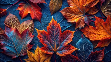 Autumnal Foliage A Vibrant Collection of Crimson, Orange, and Teal Leaves Arranged on a Dark Background, Showcasing the Intricate Veining and Rich Hues of the Season