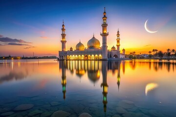 Serene Sunset Reflection of a Mosque on a Calm Lake, Illuminated at Dusk with a Crescent Moon