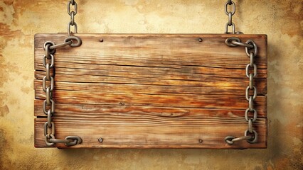 Rustic Wooden Signboard Hanging from Sturdy Metal Chains Against a Textured Background