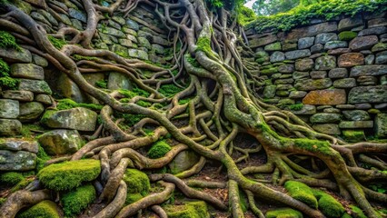 Ancient Tree Roots Entwined with a Mossy Stone Wall, a Testament to the Unrelenting Power of Nature's Growth and Resilience
