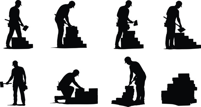  Bricklayer poses set showing seven black silhouette masonry workers with trowels and hammers stacking bricks, kneeling, standing, working, construction skills demonstration