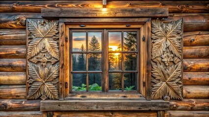Rustic Cabin Window with Intricate Carvings Reflecting a Sunset Over a Forest