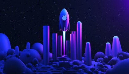 A rocket launching into a vibrant, neon-lit night sky above a surreal landscape