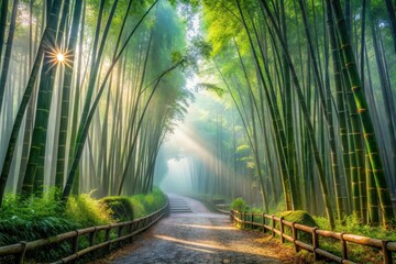 Sunlit Pathway Through a Misty Bamboo Grove, Serene and Tranquil Natural Landscape with Wooden Railings