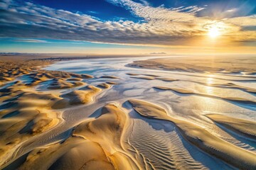 Golden Sands and Azure Waterways at Sunset An Aerial Perspective of a Coastal River System's Unique Morphology