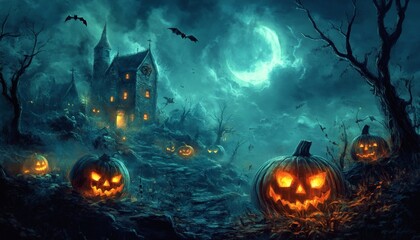 Spooky halloween night scene with haunted castle