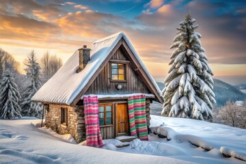A rustic wooden cabin nestled in a snowy landscape, adorned with vibrant woolen blankets, basks in the warm glow of a winter sunset, a majestic snow-laden evergreen standing sentinel nearby.