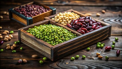 A Rustic Wooden Box Filled with an Assortment of Dried Legumes, Including Green Mung Beans, Kidney Beans, and Assorted Beans