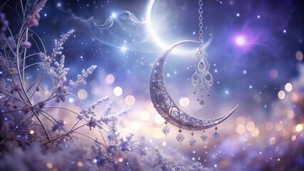 Crescent Moon Ornament Hanging Amongst Frosty Winter Flora Under a Night Sky