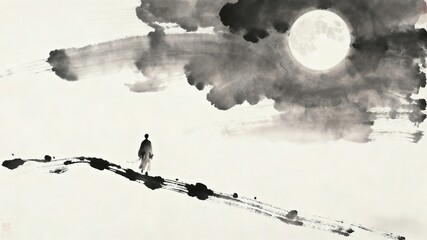 Ink - wash Painting of Moonlit Night with Lonely Figure