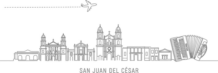 Obraz premium San Juan del Cesar Colombia Skyline with Airplane and Accordion Line Art