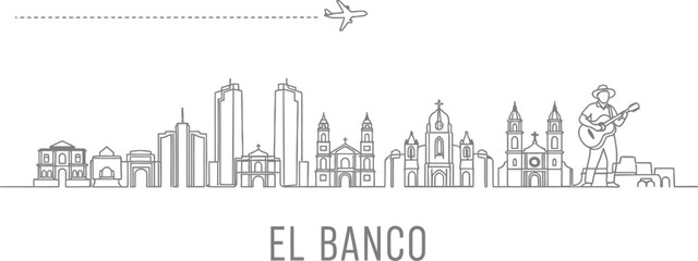 Fototapeta premium El Banco Colombia Skyline with Airplane and Musician Iconography
