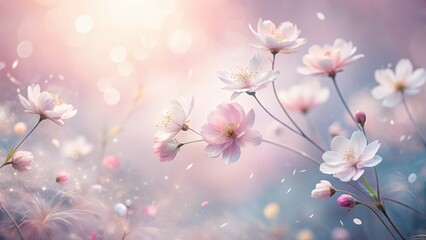 Delicate Pink Blossoms Dancing in a Soft, Dreamy Light, Petals Falling Gracefully Amidst a Gentle Breeze