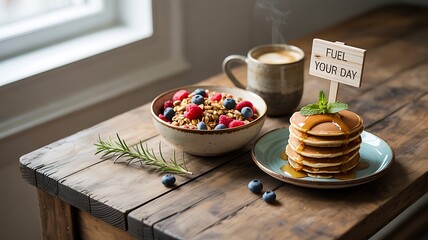 Delicious Stack of Golden Pancakes Topped with Fresh Berries and Drizzled with Syrup Next to a Bowl of Oatmeal and a Steaming Cup of Coffee on a Rustic Wooden Table