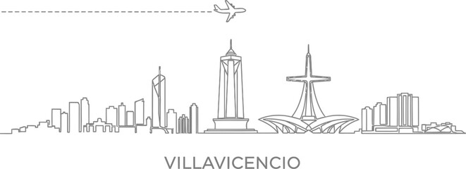 Naklejka premium Villavicencio Skyline with Airplane and Cloud Trail Line Art