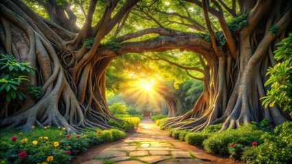 Sunlit Pathway Through Majestic Ancient Trees, a Serene Garden Scene
