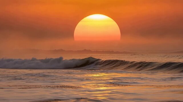 A cinematic telephoto lens captures a huge, scorching sun sinking into the ocean along with hazy water vapor and waves