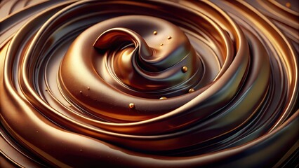 Abstract swirling chocolate texture with golden spheres, a luxurious decadent dessert background image perfect for culinary or confectionery design projects.