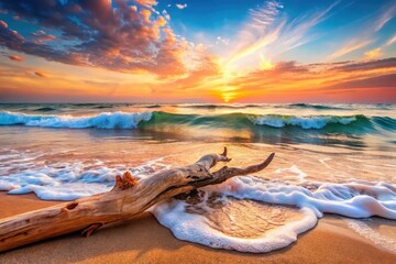 Serene coastal scene at sunset, featuring a weathered driftwood log resting on a sandy beach with gentle waves washing ashore