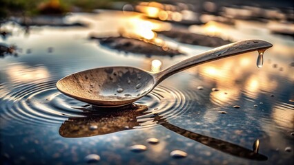 Golden Spoon Resting on Still Water at Sunset, Creating Concentric Ripples and a Single Falling Drop
