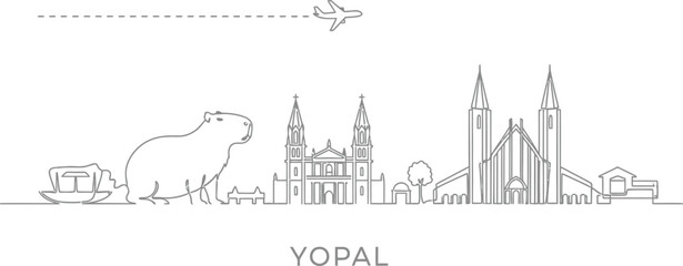 Fototapeta premium Yopal Colombia Line Art Skyline with Capybara and Airplane