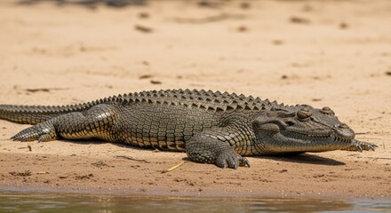 Crocodile basking in the sun on sandy riverbank, detailed reptile.
