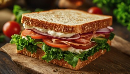 Delicious sandwich with ham, lettuce, tomato, and red onion
