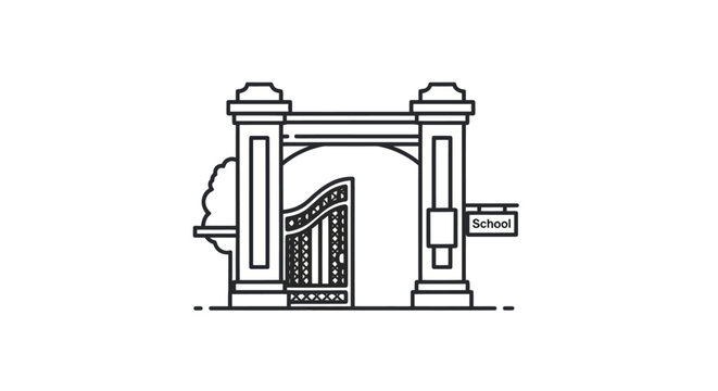 Ornate school entrance gate and archway line art illustration.