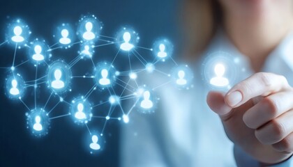 Person interacting with a digital network of glowing icons