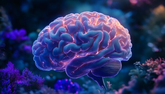 Glowing human brain illustration in dark blue and purple tones - Powered by Adobe