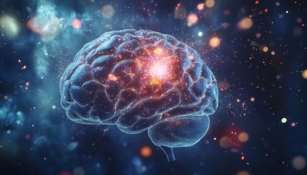 Human brain neural network activity, illuminated with glowing nodes and connections