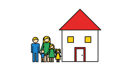Stylized Family Standing Beside a Simple House with Red Roof.