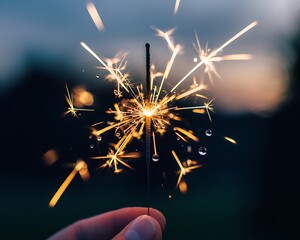Sparkler fireworks illuminating a dark evening sky with bright golden light and beautiful bokeh effects creating a magical celebratory atmosphere for a special occasion or holiday event