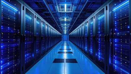 A long server room corridor glows with blue lights and digital data streams reflecting on the polished floor creating a futuristic high technology atmosphere