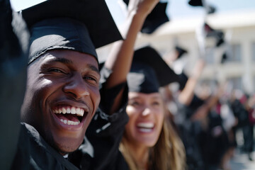 Fototapeta premium University graduates tossing caps in slow motion with big smiles